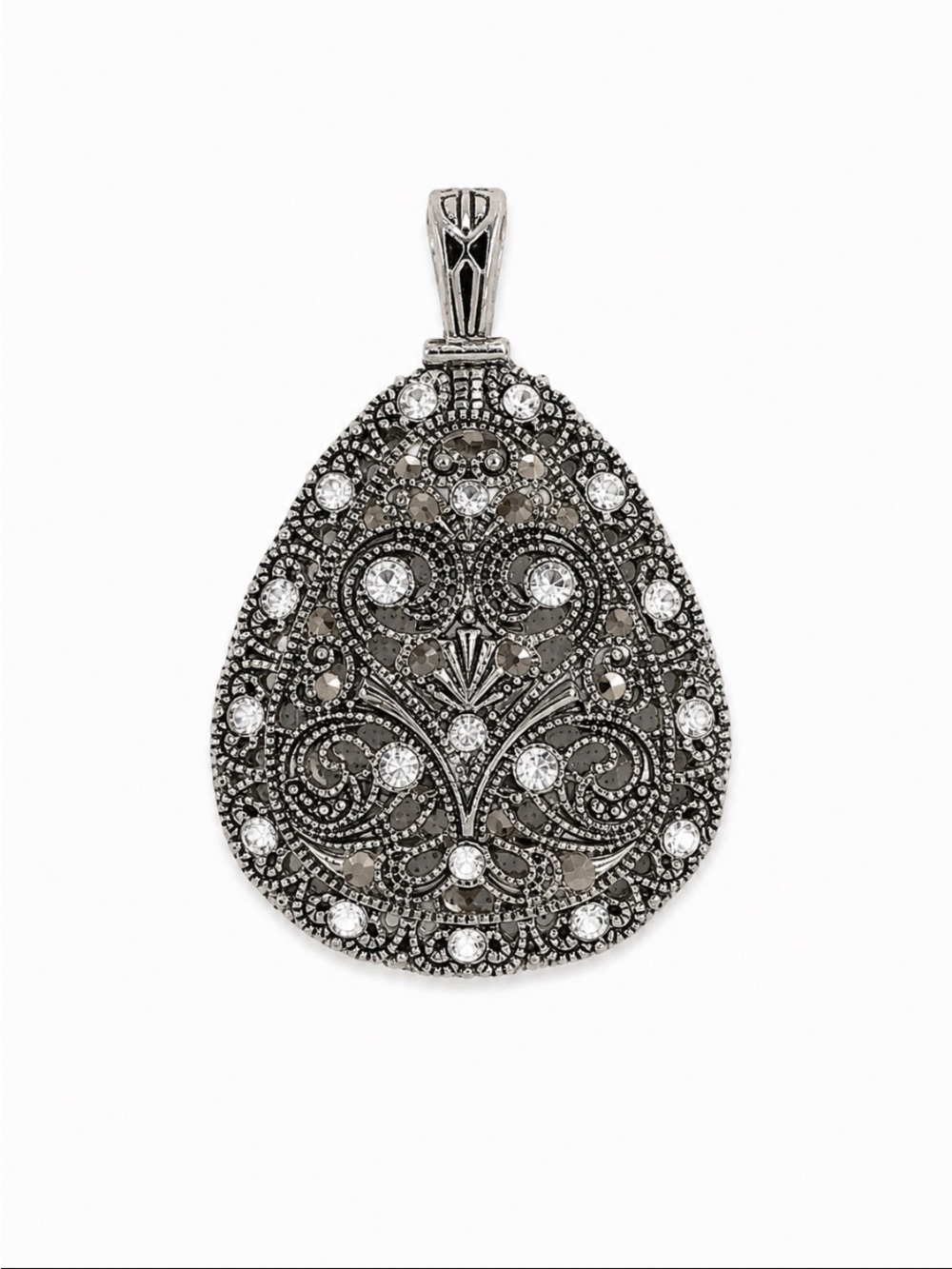 Premier Designs Filigree Teardrop Pendant Silvertone Crystal 2.5” VTG